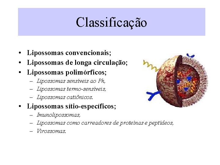 Classificação • Lipossomas convencionais; • Lipossomas de longa circulação; • Lipossomas polimórficos; – Lipossomas