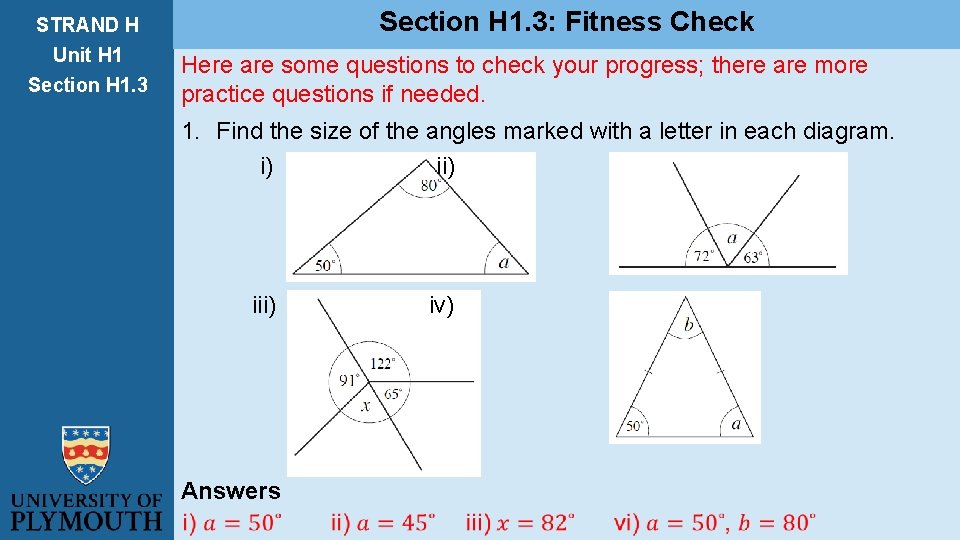 STRAND H Unit H 1 Section H 1. 3: Fitness Check Here are some