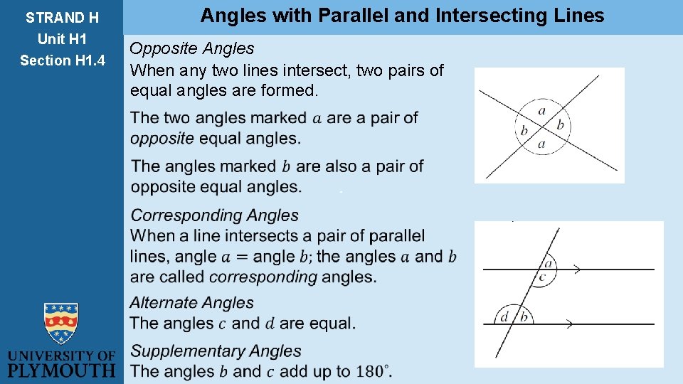 STRAND H Unit H 1 Section H 1. 4 Angles with Parallel and Intersecting