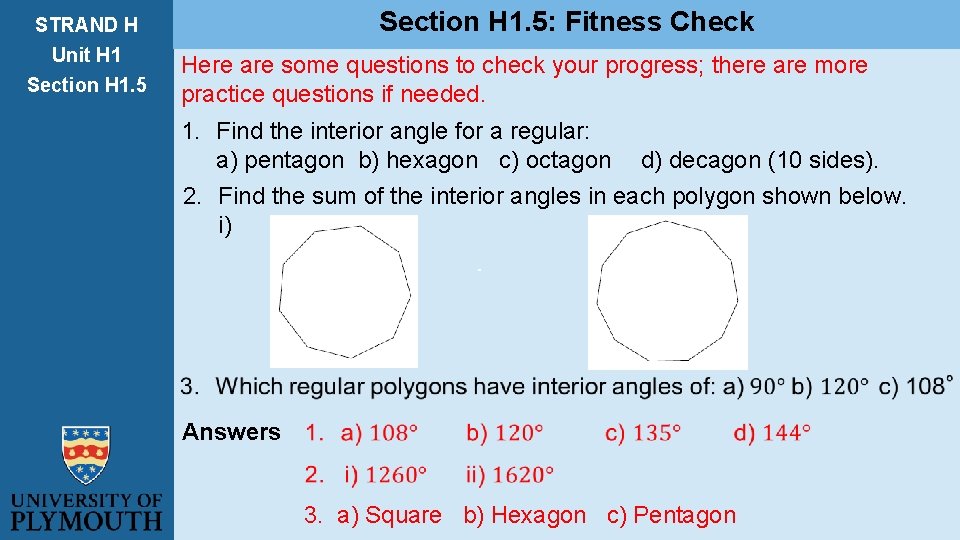 STRAND H Unit H 1 Section H 1. 5: Fitness Check Here are some