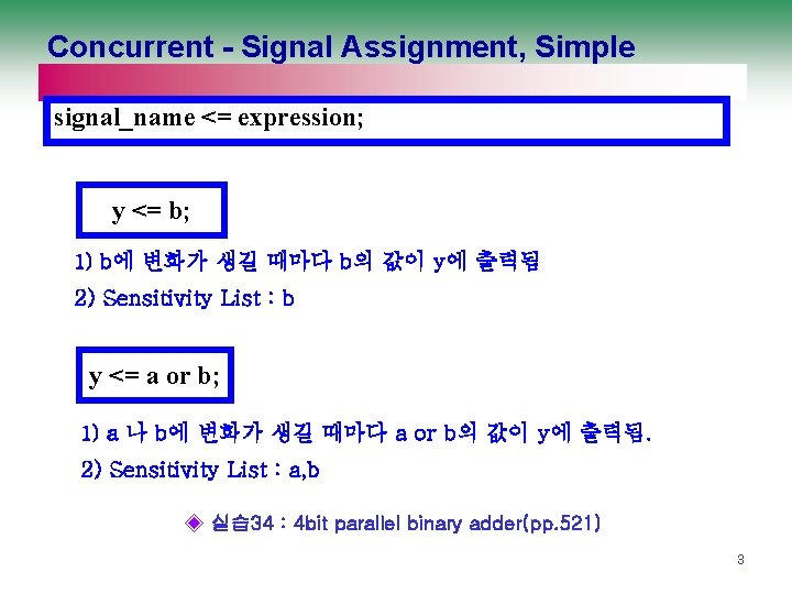Concurrent - Signal Assignment, Simple signal_name <= expression; y <= b; 1) b에 변화가