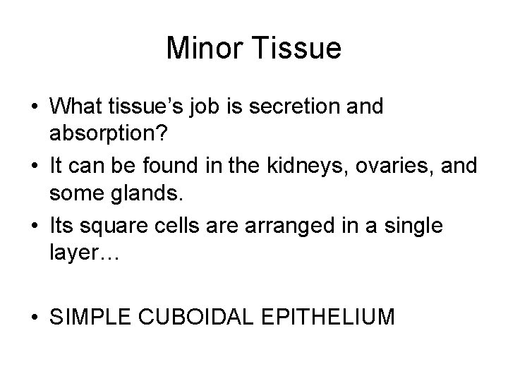 Minor Tissue • What tissue’s job is secretion and absorption? • It can be