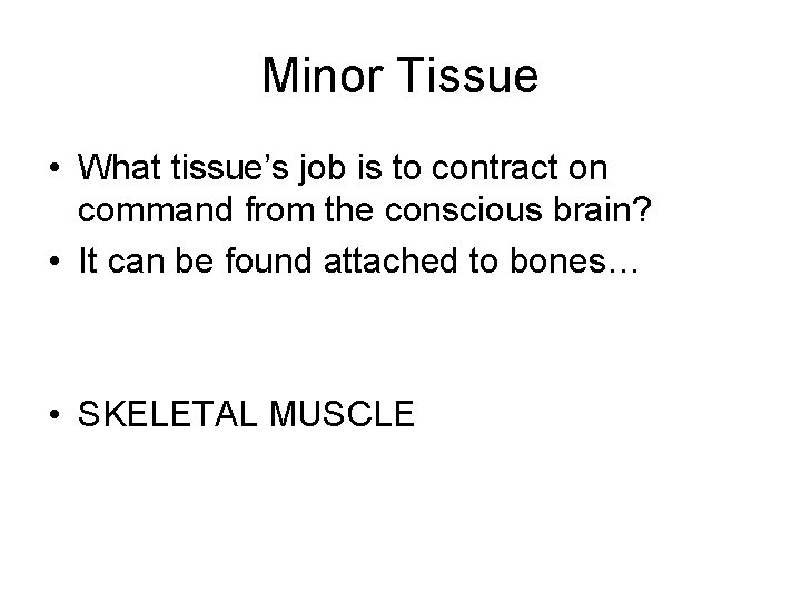 Minor Tissue • What tissue’s job is to contract on command from the conscious