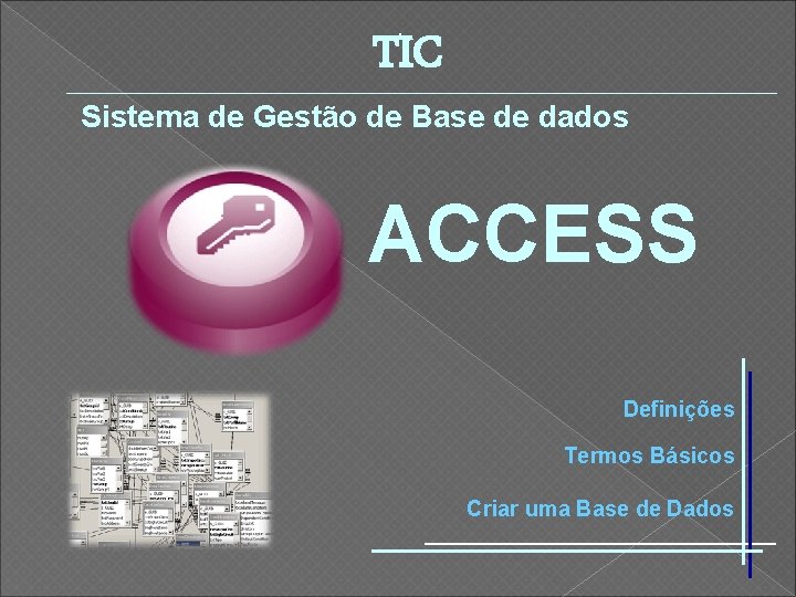 TIC Sistema de Gestão de Base de dados ACCESS Definições Termos Básicos Criar uma