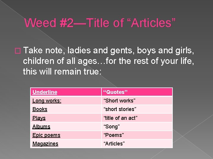 Weed #2—Title of “Articles” � Take note, ladies and gents, boys and girls, children