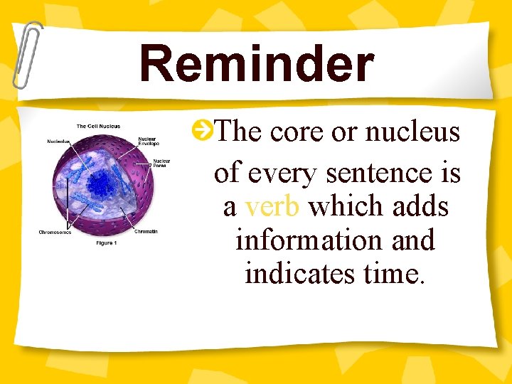 Reminder The core or nucleus of every sentence is a verb which adds information