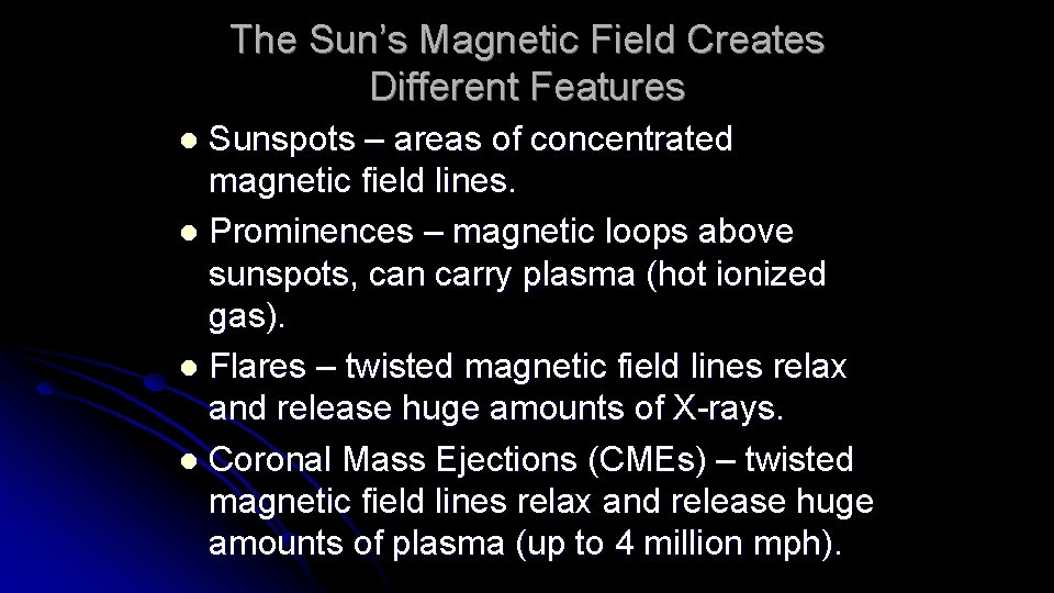 The Sun’s Magnetic Field Creates Different Features Sunspots – areas of concentrated magnetic field