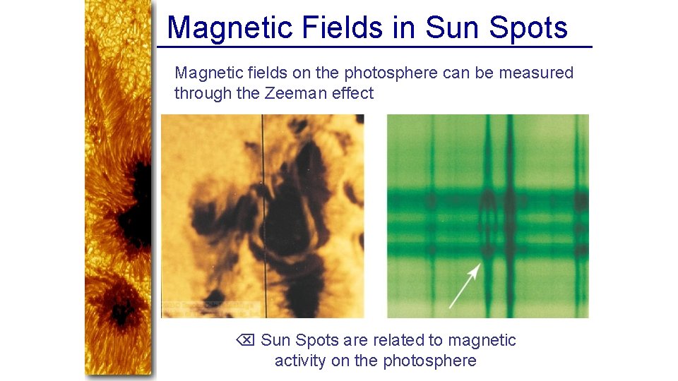 Magnetic Fields in Sun Spots Magnetic fields on the photosphere can be measured through