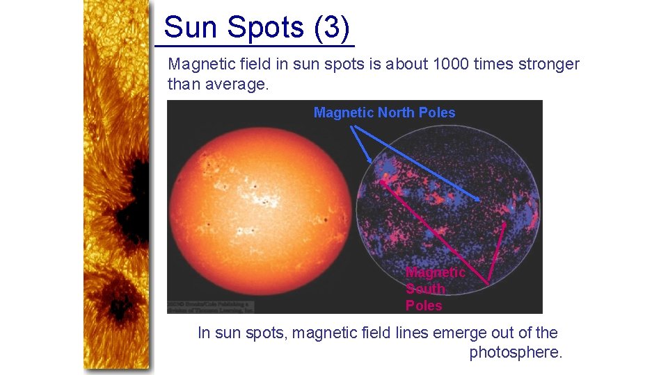 Sun Spots (3) Magnetic field in sun spots is about 1000 times stronger than