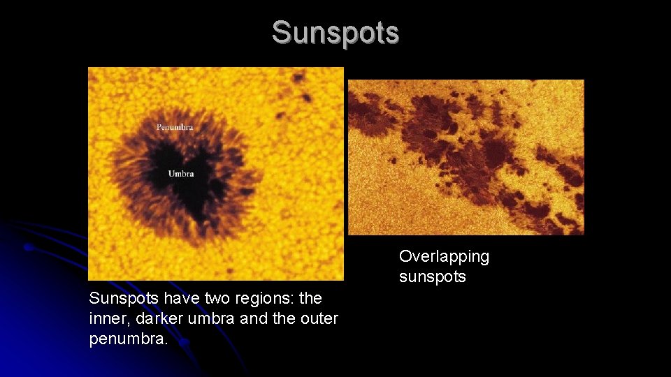 Sunspots Overlapping sunspots Sunspots have two regions: the inner, darker umbra and the outer