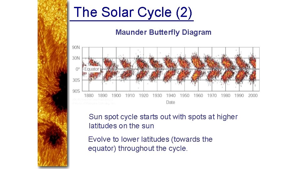 The Solar Cycle (2) Maunder Butterfly Diagram Sun spot cycle starts out with spots