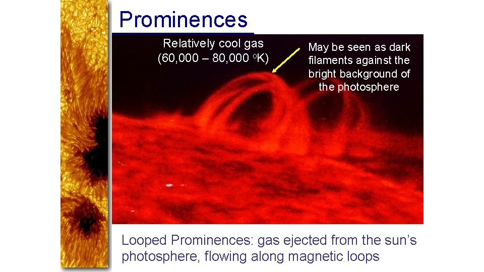 Prominences Relatively cool gas (60, 000 – 80, 000 o. K) May be seen