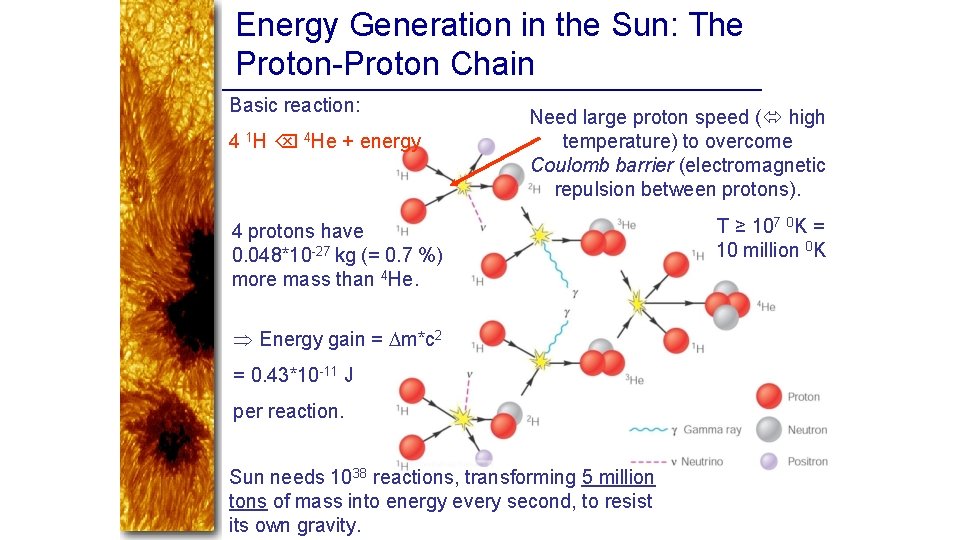 Energy Generation in the Sun: The Proton-Proton Chain Basic reaction: 4 1 H 4
