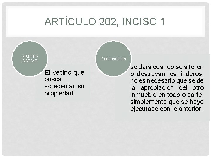 ARTÍCULO 202, INCISO 1 SUJETO ACTIVO Consumación El vecino que busca acrecentar su propiedad.