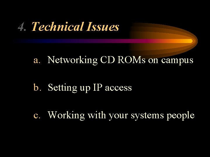 4. Technical Issues a. Networking CD ROMs on campus b. Setting up IP access