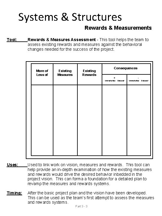 Systems & Structures Rewards & Measurements Tool: Rewards & Measures Assessment - This tool