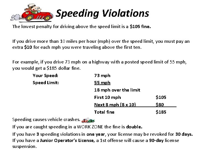 Speeding Violations The lowest penalty for driving above the speed limit is a $105