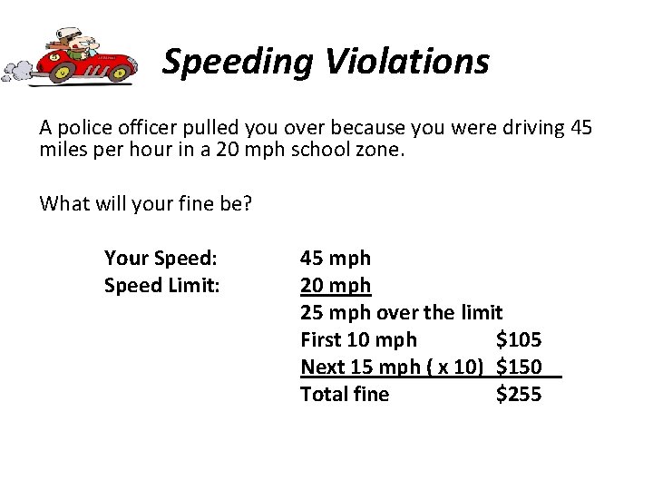 Speeding Violations A police officer pulled you over because you were driving 45 miles