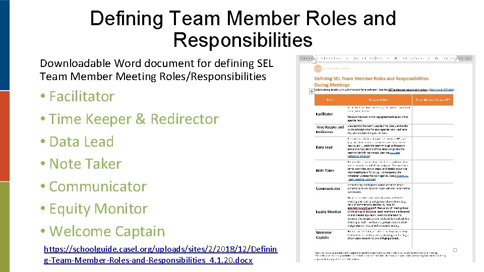 Defining Team Member Roles and Responsibilities Downloadable Word document for defining SEL Team Member