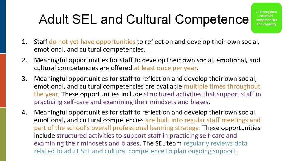 Adult SEL and Cultural Competence 1. Staff do not yet have opportunities to reflect