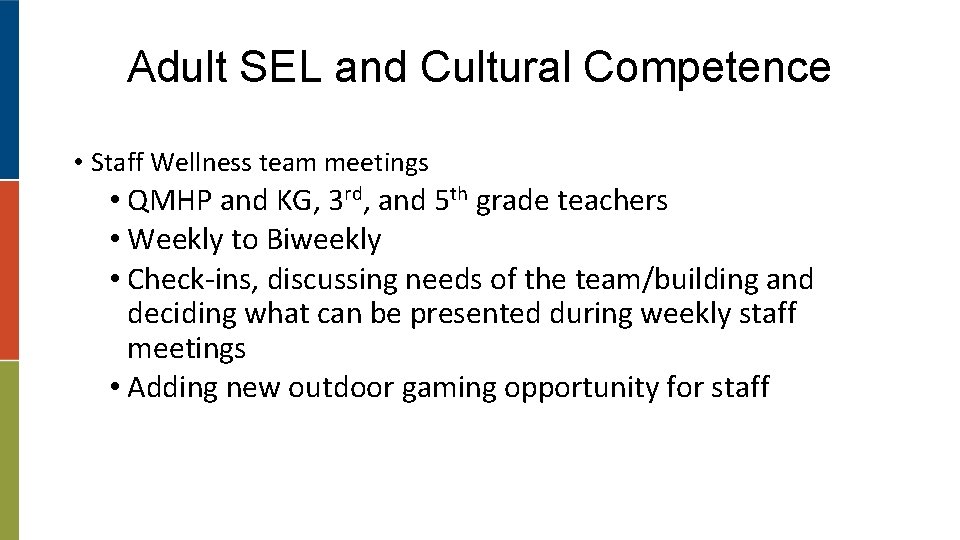 Adult SEL and Cultural Competence • Staff Wellness team meetings • QMHP and KG,