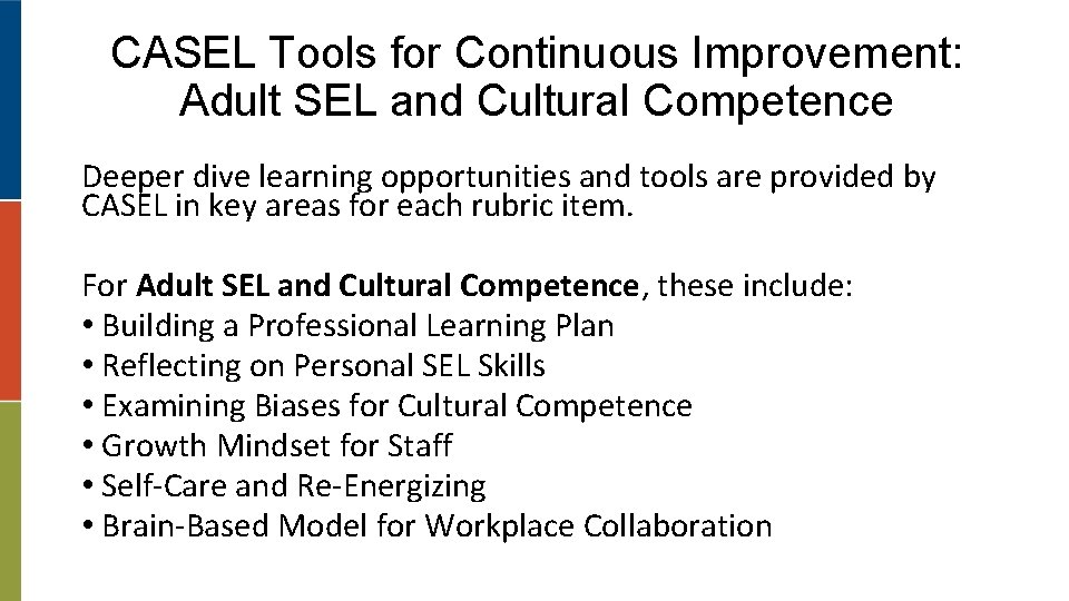 CASEL Tools for Continuous Improvement: Adult SEL and Cultural Competence Deeper dive learning opportunities