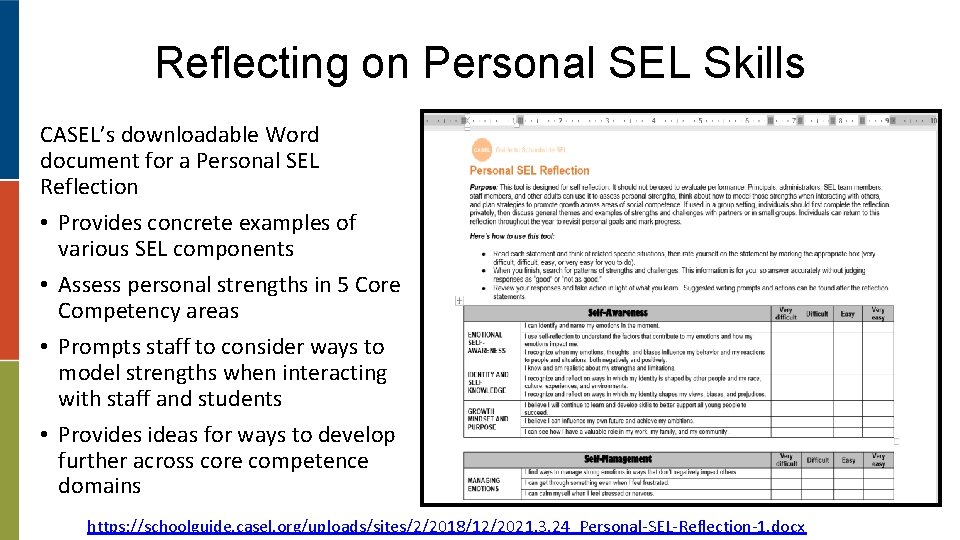 Reflecting on Personal SEL Skills CASEL’s downloadable Word document for a Personal SEL Reflection