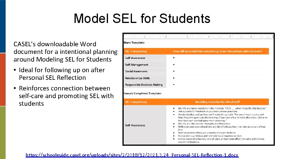 Model SEL for Students CASEL’s downloadable Word document for a intentional planning around Modeling