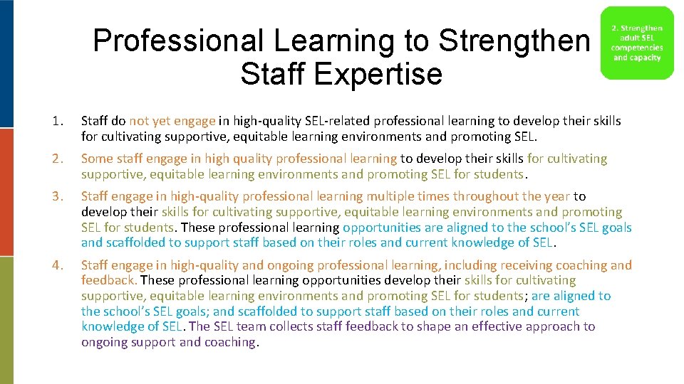 Professional Learning to Strengthen Staff Expertise 1. Staff do not yet engage in high-quality