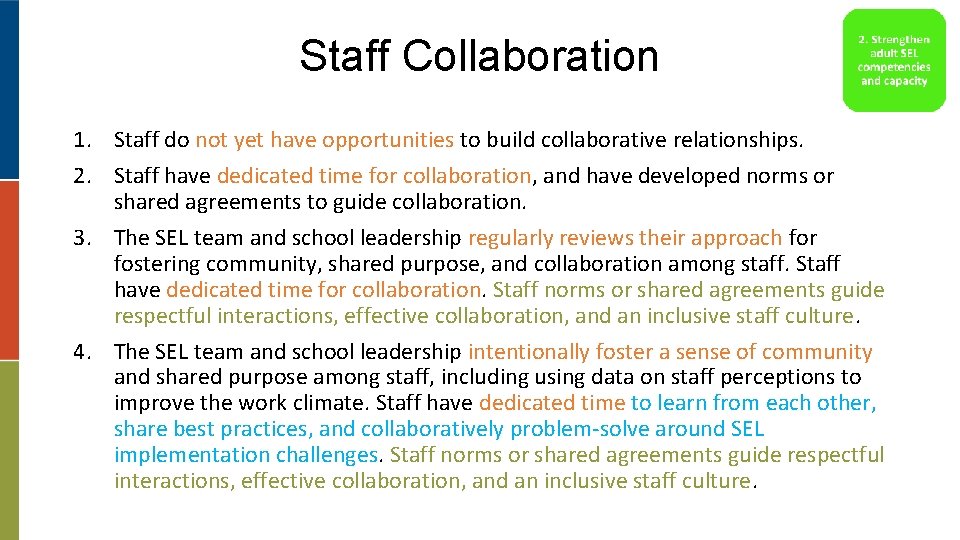 Staff Collaboration 1. Staff do not yet have opportunities to build collaborative relationships. 2.