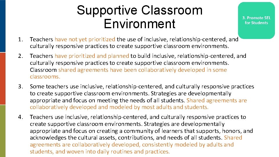 Supportive Classroom Environment 1. Teachers have not yet prioritized the use of inclusive, relationship-centered,