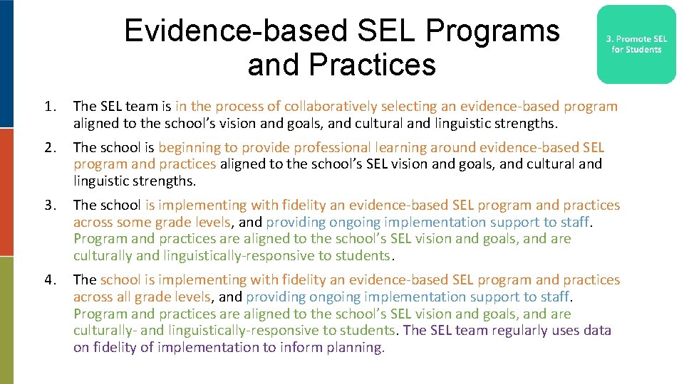 Evidence-based SEL Programs and Practices 1. The SEL team is in the process of