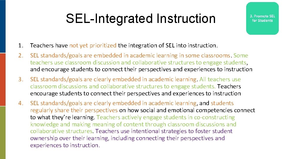 SEL-Integrated Instruction 1. Teachers have not yet prioritized the integration of SEL into instruction.