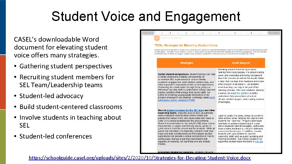 Student Voice and Engagement CASEL’s downloadable Word document for elevating student voice offers many