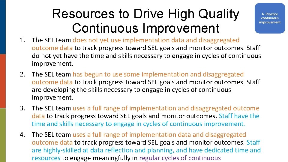 Resources to Drive High Quality Continuous Improvement 1. The SEL team does not yet