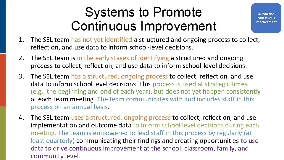 Systems to Promote Continuous Improvement 1. The SEL team has not yet identified a