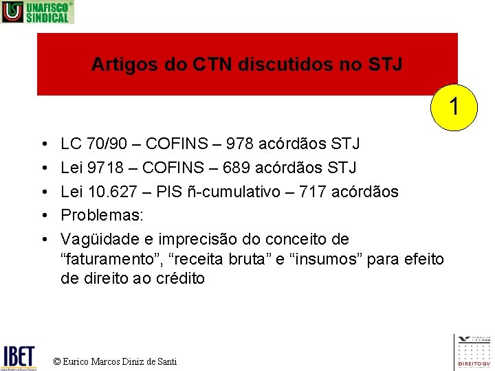 Artigos do CTN discutidos no STJ 1 • • • LC 70/90 – COFINS