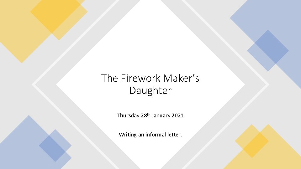 The Firework Maker’s Daughter Thursday 28 th January 2021 Writing an informal letter. 