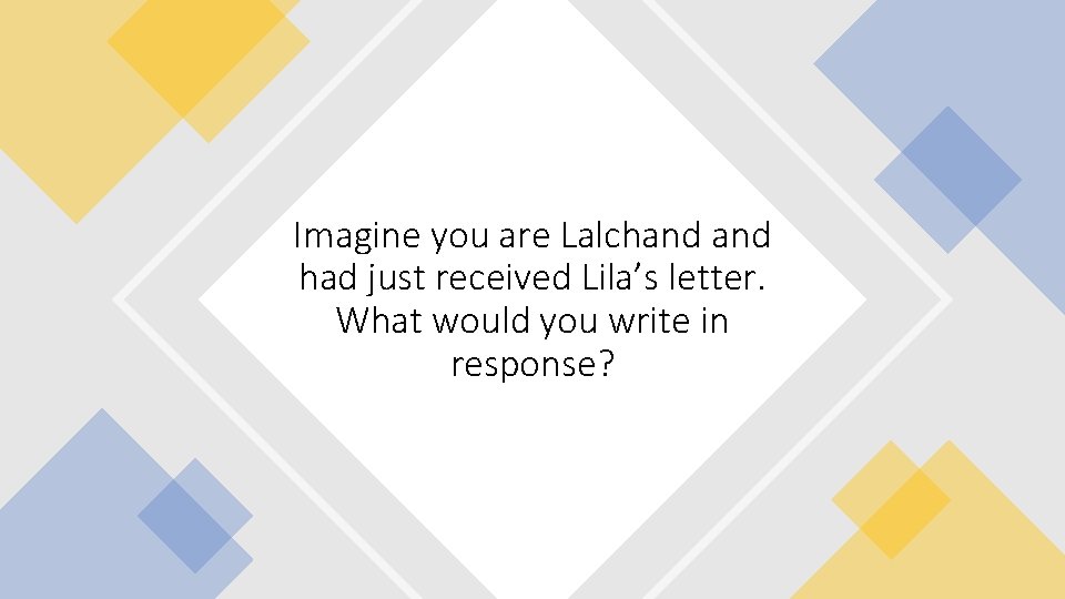 Imagine you are Lalchand had just received Lila’s letter. What would you write in