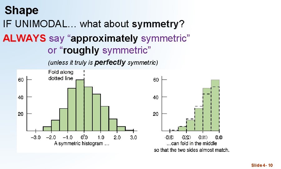 Shape IF UNIMODAL… what about symmetry? symmetry ALWAYS say “approximately symmetric” or “roughly symmetric”