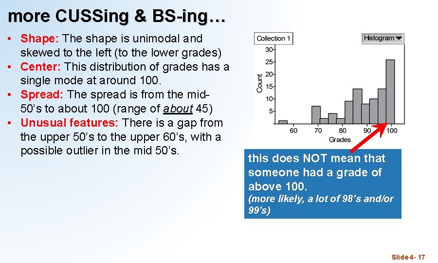 more CUSSing & BS-ing… • Shape: The shape is unimodal and skewed to the