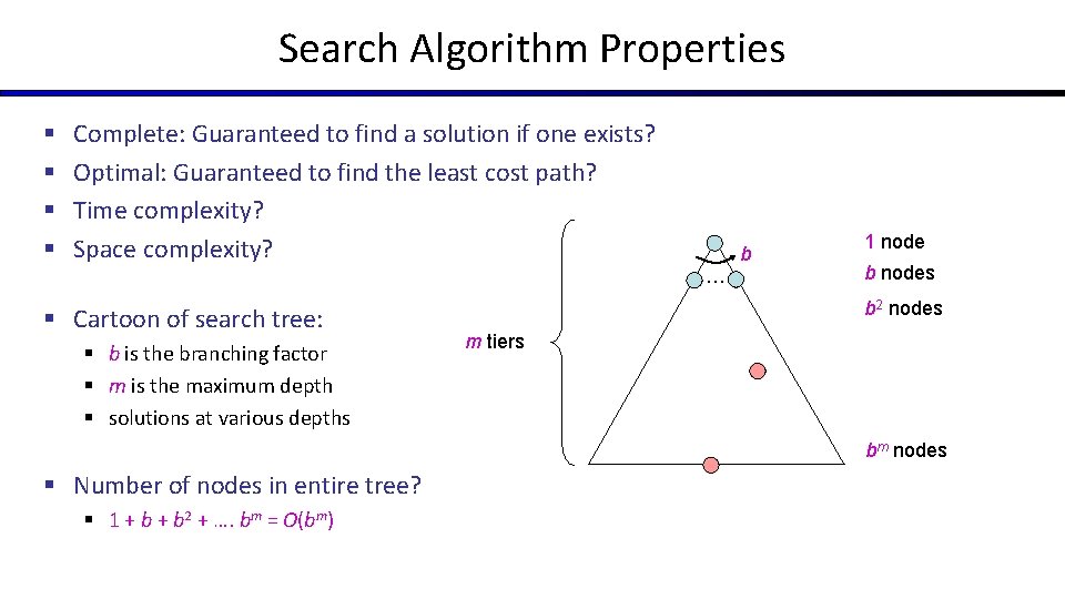 Search Algorithm Properties § § Complete: Guaranteed to find a solution if one exists?