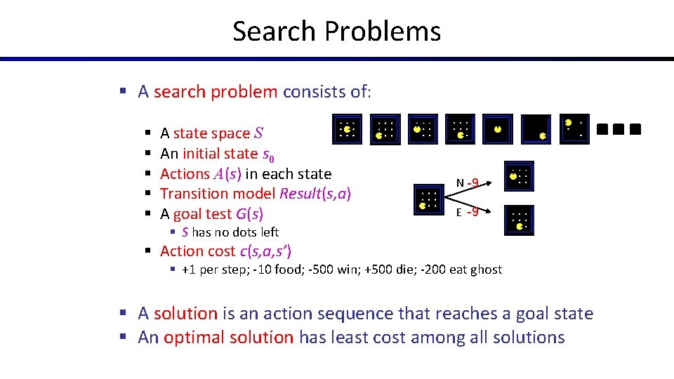 Search Problems § A search problem consists of: § § § A state space