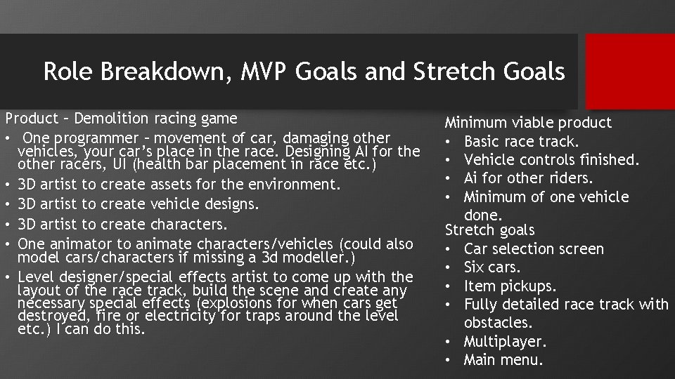 Role Breakdown, MVP Goals and Stretch Goals Product – Demolition racing game • One