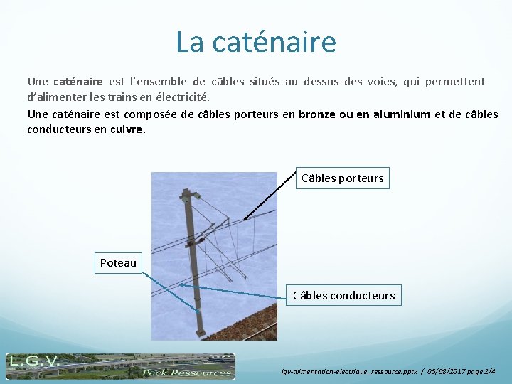 La caténaire Une caténaire est l’ensemble de câbles situés au dessus des voies, qui