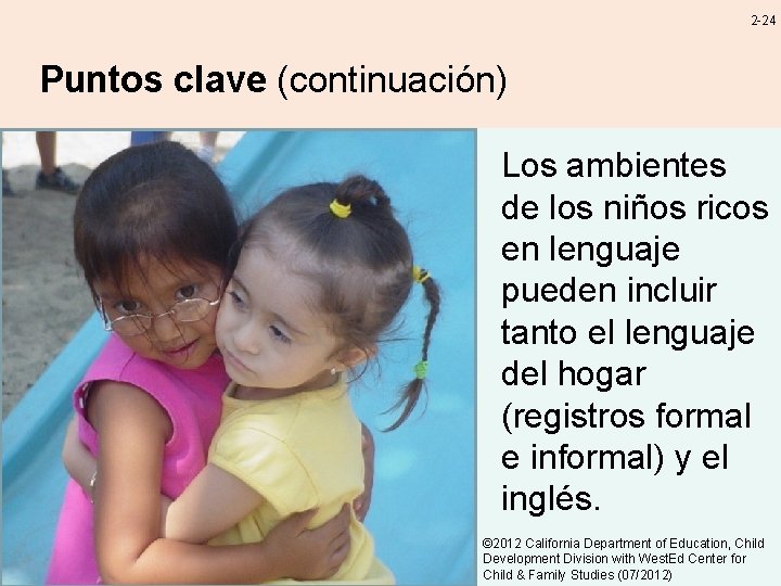 2 -24 Puntos clave (continuación) Los ambientes de los niños ricos en lenguaje pueden