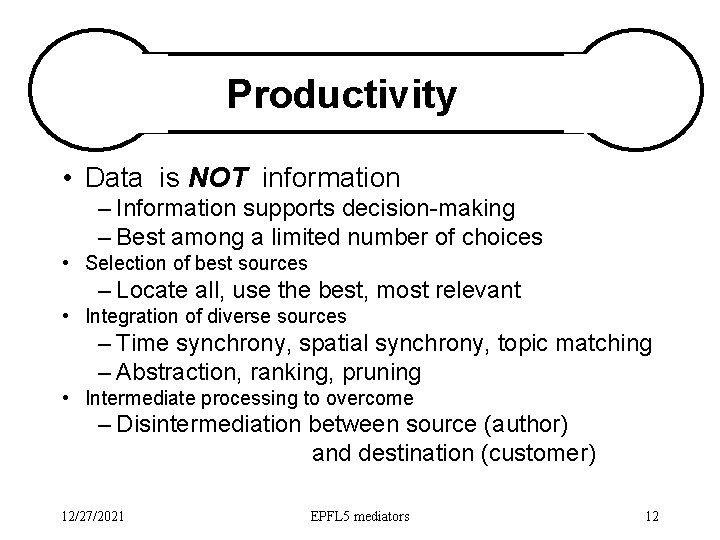 Productivity • Data is NOT information – Information supports decision-making – Best among a