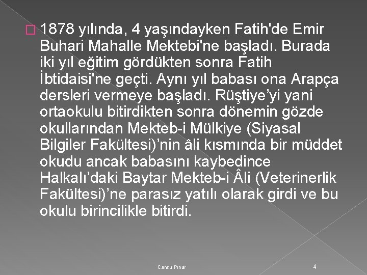 � 1878 yılında, 4 yaşındayken Fatih'de Emir Buhari Mahalle Mektebi'ne başladı. Burada iki yıl