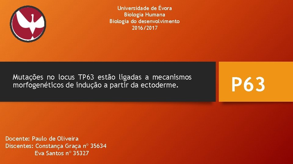 Universidade de Évora Biologia Humana Biologia do desenvolvimento 2016/2017 Mutações no locus TP 63