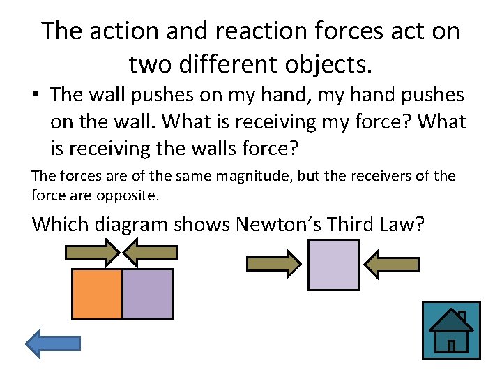 The action and reaction forces act on two different objects. • The wall pushes